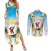Fiji Christmas Couples Matching Summer Maxi Dress and Long Sleeve Button Shirt Snow Globe With Fijian Santa LT05