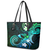 Hawaii Humuhumu Reef Triggerfish Leather Tote Bag Turquoise With Plumeria LT05 - Polynesian Pride