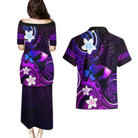 Personalised Hawaii Humuhumu Reef Triggerfish Couples Matching Puletasi and Hawaiian Shirt Violet With Plumeria LT05 - Polynesian Pride