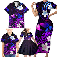 Personalised Hawaii Humuhumu Reef Triggerfish Family Matching Short Sleeve Bodycon Dress and Hawaiian Shirt Violet With Plumeria LT05 - Polynesian Pride
