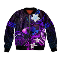Personalised Hawaii Humuhumu Reef Triggerfish Sleeve Zip Bomber Jacket Violet With Plumeria LT05 Unisex Violet - Polynesian Pride