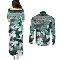 Hawaii Plant Kalo Couples Matching Puletasi and Long Sleeve Button Shirt Hawaiian Tapa Pattern LT05 - Polynesian Pride