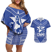 Northern Mariana Islands Couples Matching Off Shoulder Short Dress and Hawaiian Shirt Chamorro Warrior Tribal Pattern LT05 Blue - Polynesian Pride
