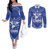 Northern Mariana Islands Couples Matching Off The Shoulder Long Sleeve Dress and Long Sleeve Button Shirt Chamorro Warrior Tribal Pattern LT05 Blue - Polynesian Pride