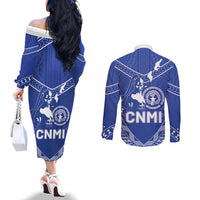 Northern Mariana Islands Couples Matching Off The Shoulder Long Sleeve Dress and Long Sleeve Button Shirt Chamorro Warrior Tribal Pattern LT05 - Polynesian Pride