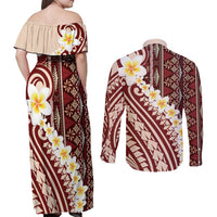Red Vintage Tonga Ngatu Pattern With Plumeria Couples Matching Off Shoulder Maxi Dress and Long Sleeve Button Shirt LT05 - Polynesian Pride