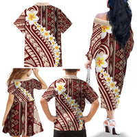 Red Vintage Tonga Ngatu Pattern With Plumeria Family Matching Off The Shoulder Long Sleeve Dress and Hawaiian Shirt LT05 - Polynesian Pride