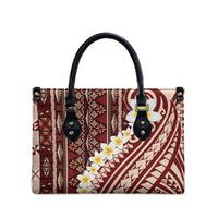 Red Vintage Tonga Ngatu Pattern With Plumeria Leather Bag LT05 - Polynesian Pride