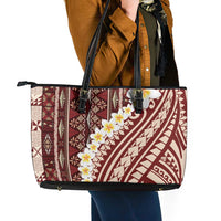 Red Vintage Tonga Ngatu Pattern With Plumeria Leather Tote Bag - Polynesian Pride