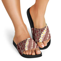 Red Vintage Tonga Ngatu Pattern With Plumeria Slide Sandals LT05 - Polynesian Pride