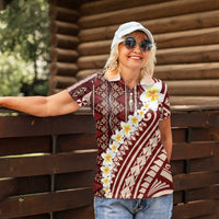 Red Vintage Tonga Ngatu Pattern With Plumeria Women Polo Shirt - Polynesian Pride