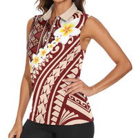 Red Vintage Tonga Ngatu Pattern With Plumeria Women Sleeveless Polo Shirt LT05 - Polynesian Pride