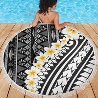 Black Vintage Tonga Ngatu Pattern With Plumeria Beach Blanket LT05 - Polynesian Pride