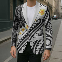 Black Vintage Tonga Ngatu Pattern With Plumeria Blazer LT05 - Polynesian Pride