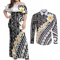 Black Vintage Tonga Ngatu Pattern With Plumeria Couples Matching Off Shoulder Maxi Dress and Long Sleeve Button Shirt LT05 Black - Polynesian Pride