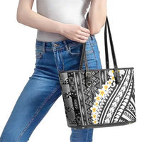 Black Vintage Tonga Ngatu Pattern With Plumeria Leather Tote Bag - Polynesian Pride