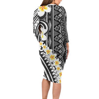 Black Vintage Tonga Ngatu Pattern With Plumeria Long Sleeve Bodycon Dress LT05 - Polynesian Pride