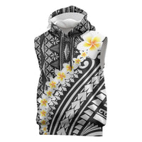 Black Vintage Tonga Ngatu Pattern With Plumeria Sleeveless Hoodie LT05 Black - Polynesian Pride