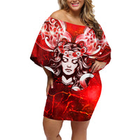 Hawaii Goddess Of Fire Madame Pele Family Matching Off Shoulder Short Dress and Hawaiian Shirt Polynesian Style LT05 Mom's Dress Red - Polynesian Pride