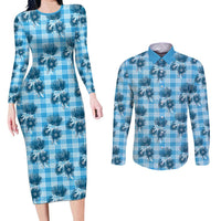 Blue Palaka Hawaii Couples Matching Long Sleeve Bodycon Dress and Long Sleeve Button Shirt Hawaiian Lehua Blossoms