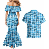 Blue Palaka Hawaii Couples Matching Mermaid Dress and Hawaiian Shirt Hawaiian Lehua Blossoms
