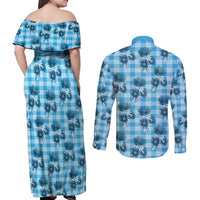 Blue Palaka Hawaii Couples Matching Off Shoulder Maxi Dress and Long Sleeve Button Shirt Hawaiian Lehua Blossoms