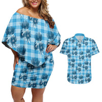 Blue Palaka Hawaii Couples Matching Off Shoulder Short Dress and Hawaiian Shirt Hawaiian Lehua Blossoms
