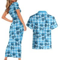Blue Palaka Hawaii Couples Matching Short Sleeve Bodycon Dress and Hawaiian Shirt Hawaiian Lehua Blossoms
