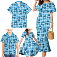 Blue Palaka Hawaii Family Matching Mermaid Dress and Hawaiian Shirt Hawaiian Lehua Blossoms