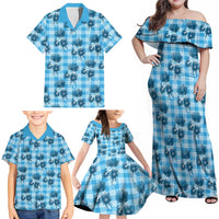 Blue Palaka Hawaii Family Matching Off Shoulder Maxi Dress and Hawaiian Shirt Hawaiian Lehua Blossoms