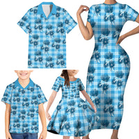 Blue Palaka Hawaii Family Matching Short Sleeve Bodycon Dress and Hawaiian Shirt Hawaiian Lehua Blossoms