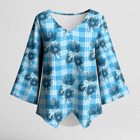 Blue Palaka Hawaii Kimono Sleeve Blouse Hawaiian Lehua Blossoms LT05 Female Blue - Polynesian Pride