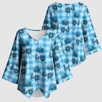 Blue Palaka Hawaii Kimono Sleeve Blouse Hawaiian Lehua Blossoms LT05 - Polynesian Pride