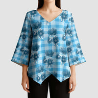 Blue Palaka Hawaii Kimono Sleeve Blouse Hawaiian Lehua Blossoms LT05 - Polynesian Pride