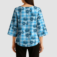 Blue Palaka Hawaii Kimono Sleeve Blouse Hawaiian Lehua Blossoms LT05 - Polynesian Pride