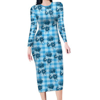 Blue Palaka Hawaii Long Sleeve Bodycon Dress Hawaiian Lehua Blossoms