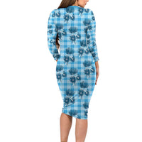 Blue Palaka Hawaii Long Sleeve Bodycon Dress Hawaiian Lehua Blossoms