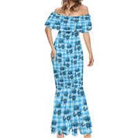 Blue Palaka Hawaii Mermaid Dress Hawaiian Lehua Blossoms