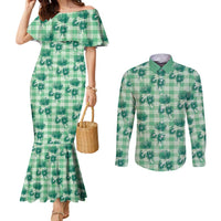 Green Palaka Hawaii Couples Matching Mermaid Dress and Long Sleeve Button Shirt Hawaiian Lehua Blossoms