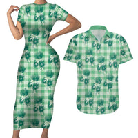 Green Palaka Hawaii Couples Matching Short Sleeve Bodycon Dress and Hawaiian Shirt Hawaiian Lehua Blossoms
