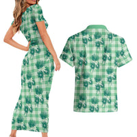 Green Palaka Hawaii Couples Matching Short Sleeve Bodycon Dress and Hawaiian Shirt Hawaiian Lehua Blossoms