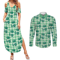 Green Palaka Hawaii Couples Matching Summer Maxi Dress and Long Sleeve Button Shirt Hawaiian Lehua Blossoms