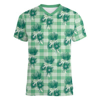 Green Palaka Hawaii Women V-Neck T-Shirt Hawaiian Lehua Blossoms