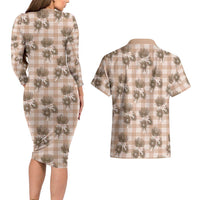Brown Palaka Hawaii Couples Matching Long Sleeve Bodycon Dress and Hawaiian Shirt Hawaiian Lehua Blossoms