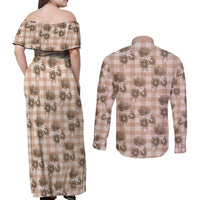 Brown Palaka Hawaii Couples Matching Off Shoulder Maxi Dress and Long Sleeve Button Shirt Hawaiian Lehua Blossoms