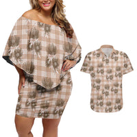 Brown Palaka Hawaii Couples Matching Off Shoulder Short Dress and Hawaiian Shirt Hawaiian Lehua Blossoms
