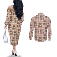 Brown Palaka Hawaii Couples Matching Off The Shoulder Long Sleeve Dress and Long Sleeve Button Shirt Hawaiian Lehua Blossoms