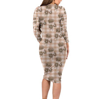 Brown Palaka Hawaii Family Matching Long Sleeve Bodycon Dress and Hawaiian Shirt Hawaiian Lehua Blossoms