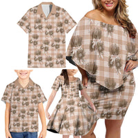 Brown Palaka Hawaii Family Matching Off Shoulder Short Dress and Hawaiian Shirt Hawaiian Lehua Blossoms
