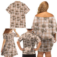 Brown Palaka Hawaii Family Matching Off Shoulder Short Dress and Hawaiian Shirt Hawaiian Lehua Blossoms